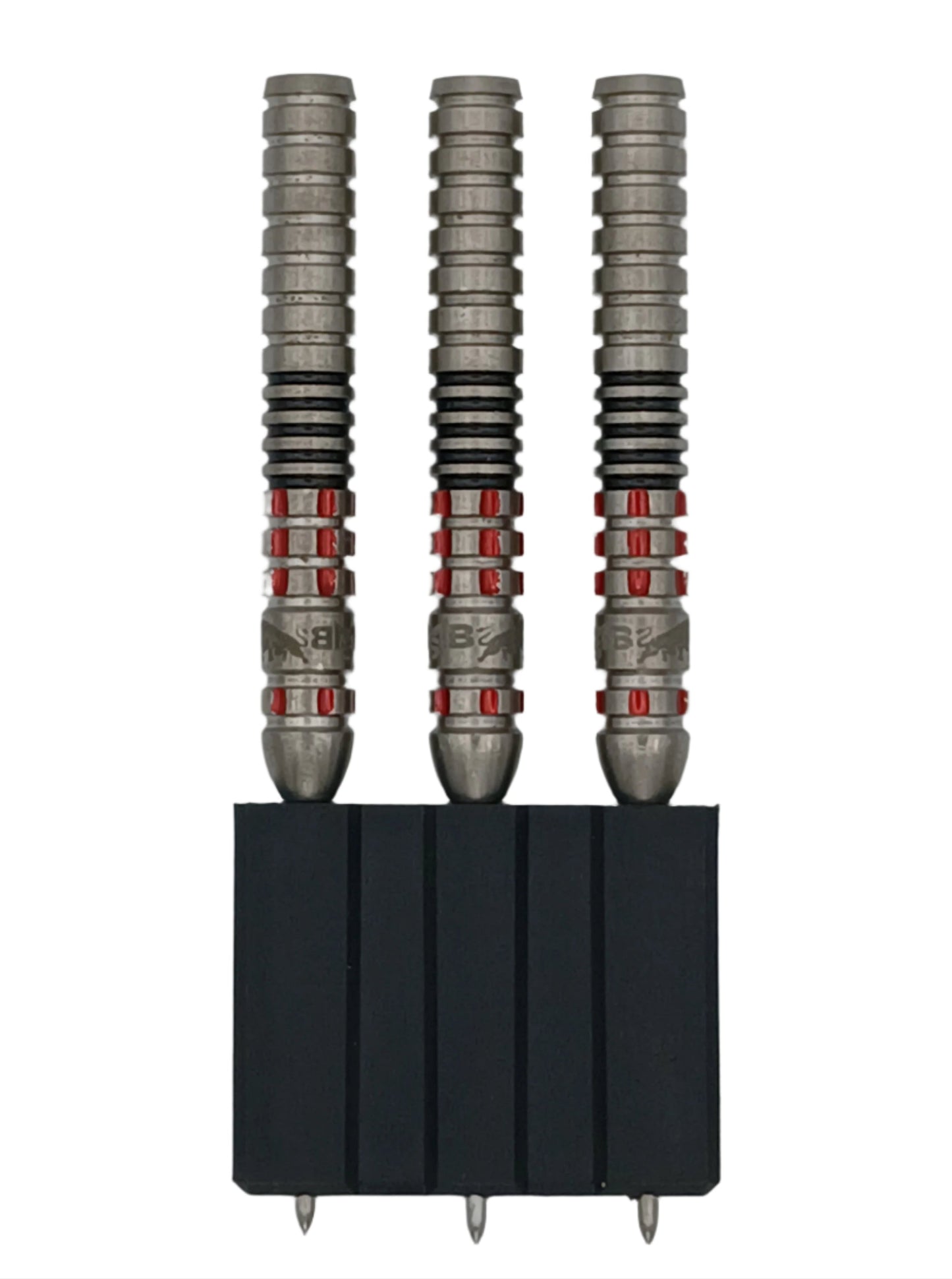 Three darts with metallic shafts and red accents in a black holder on a white background