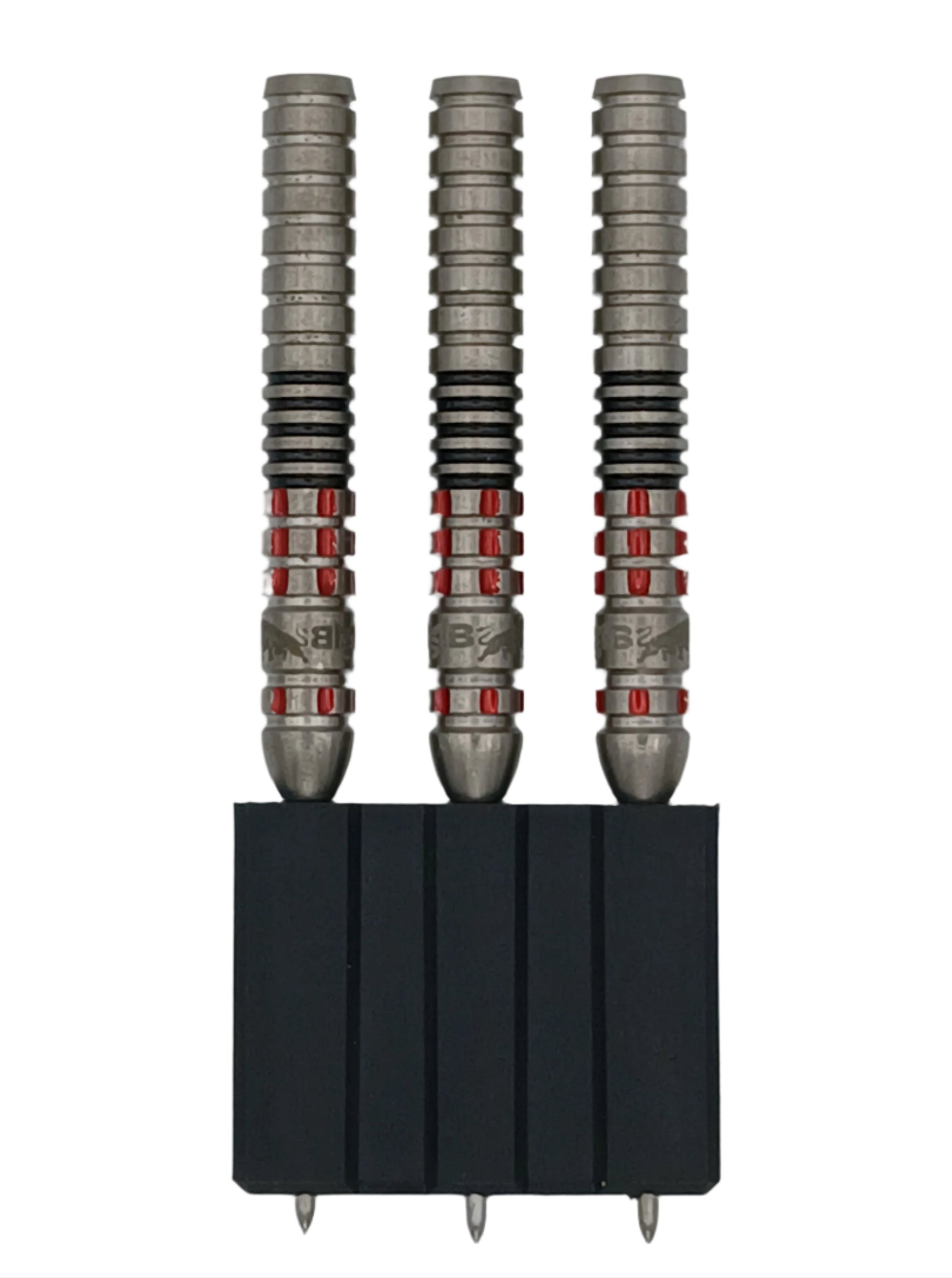 Three darts with metallic shafts and red accents in a black holder on a white background